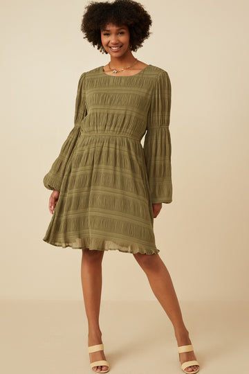 HY7455 OLIVE Womens Mixed Pleated Peasant Sleeve Dress Gif